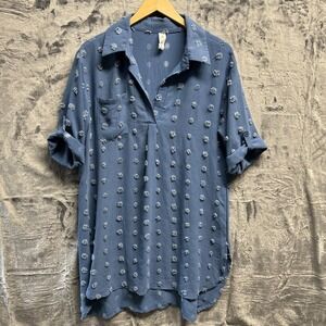 Women's Large Swiss Dot Blue Mini Shirt Dress Roll Tab Collared Lagenlook Boho